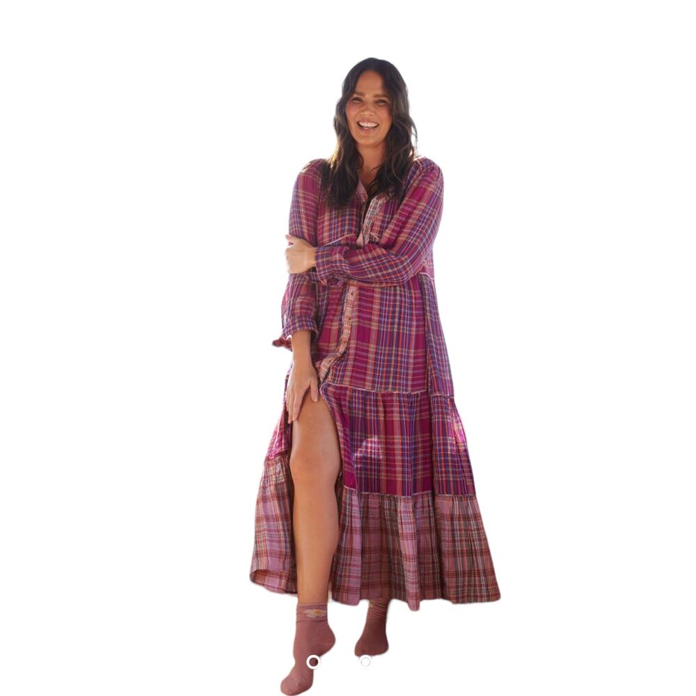 Anthropologie Tiered Plaid Maxi Dress Sze Medium Button Up Tie Long Sleeve Plaid